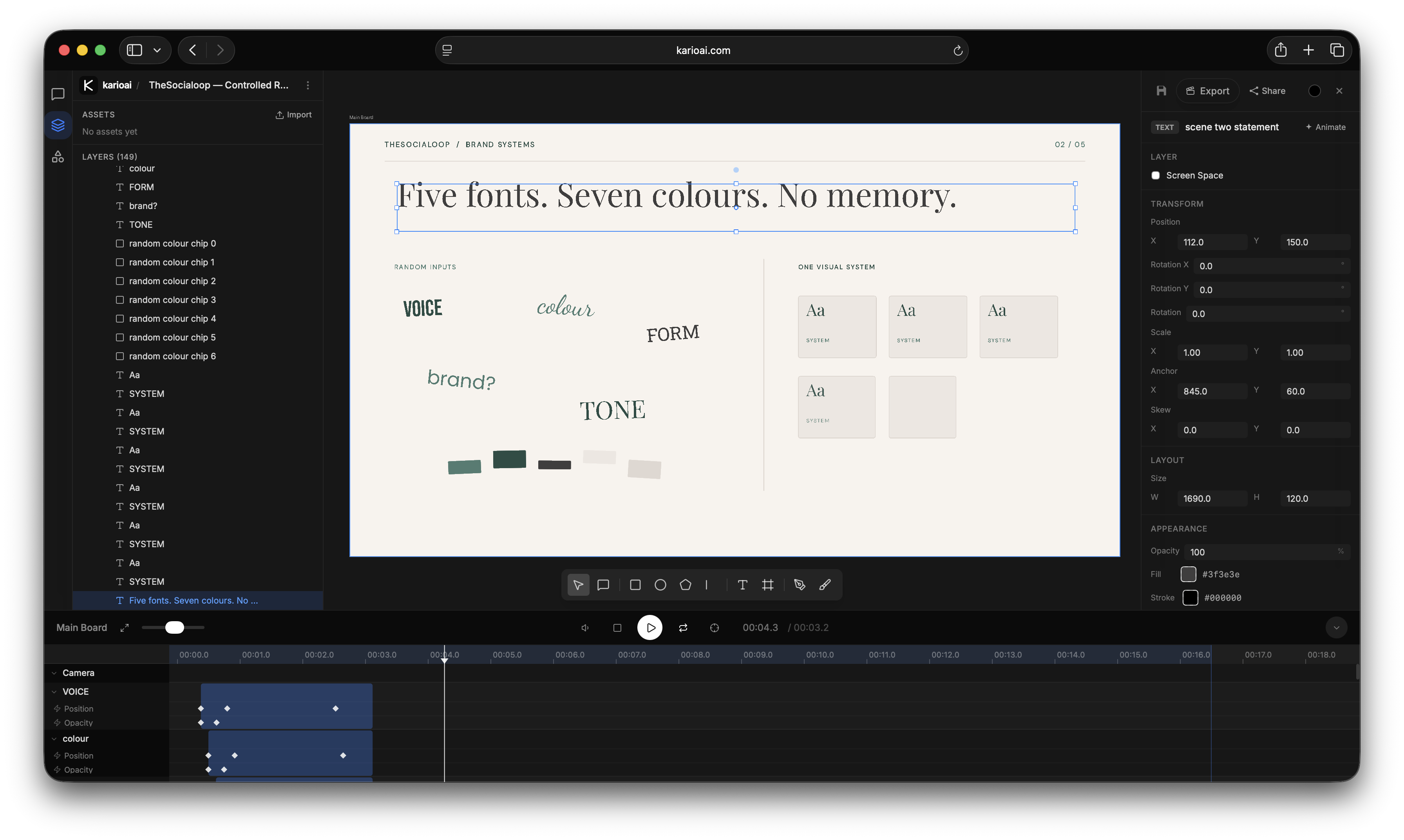 A Kario project open in the editor, with every layer listed and selectable